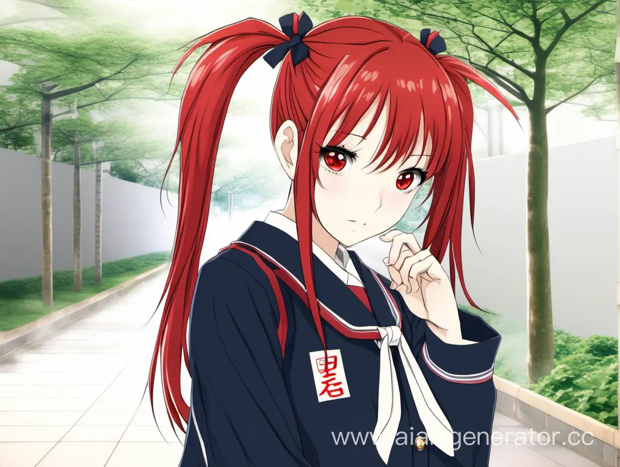 she is a girl, she is 16 years old, she wears a Japanese-style school uniform because she is from Japan, she has red hair and the same eyes, her two ponytails 