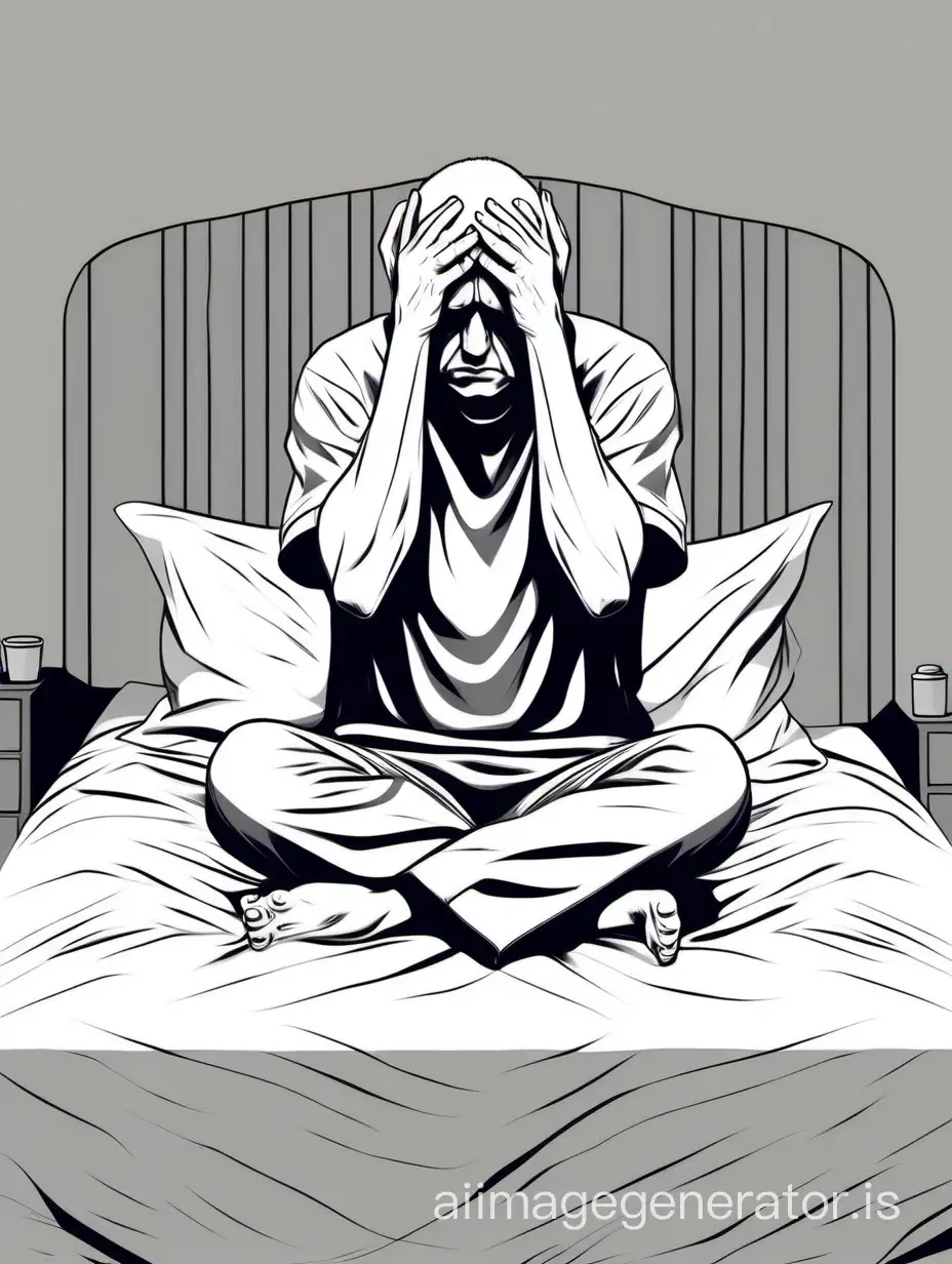 The head of a sad person sitting on a bed, and covered his ears with his hands. Minimalism style