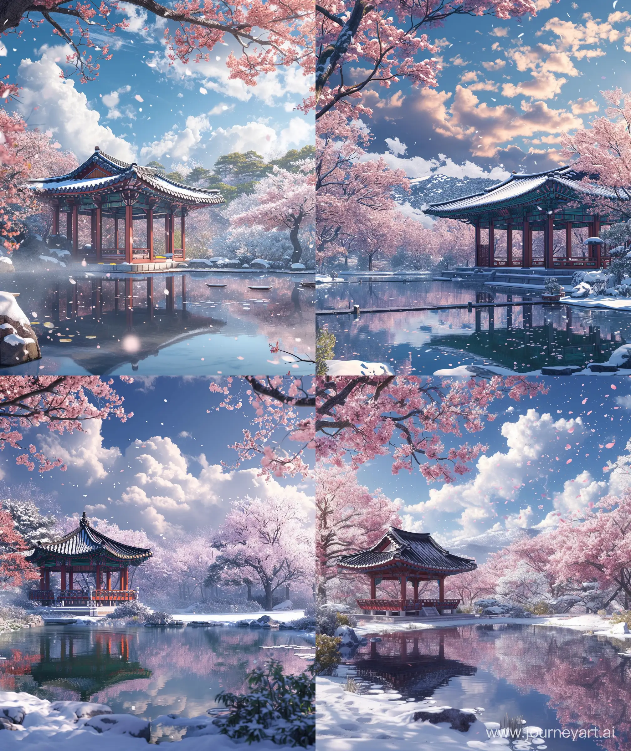 Mokoto shinkai style, anime scenary, day time, cherry blossom after winter, snow and cherry blossom, where winter end spring start, snow, Korean royal pavilion, zen pond, beautiful sky and clouds, Ultra HD, sharp details, --ar 27:32 --v 6.0