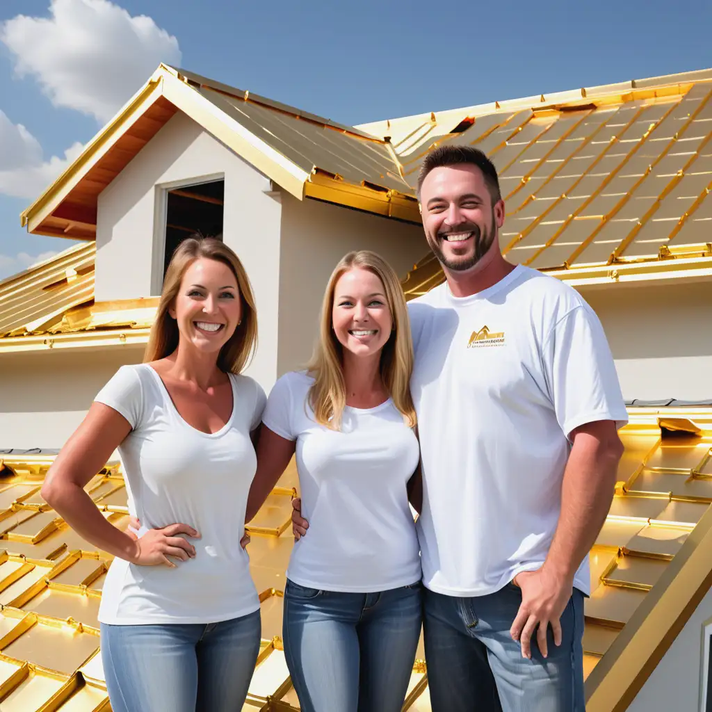 roofing contractor smiling with white family and the roof is made out of gold
