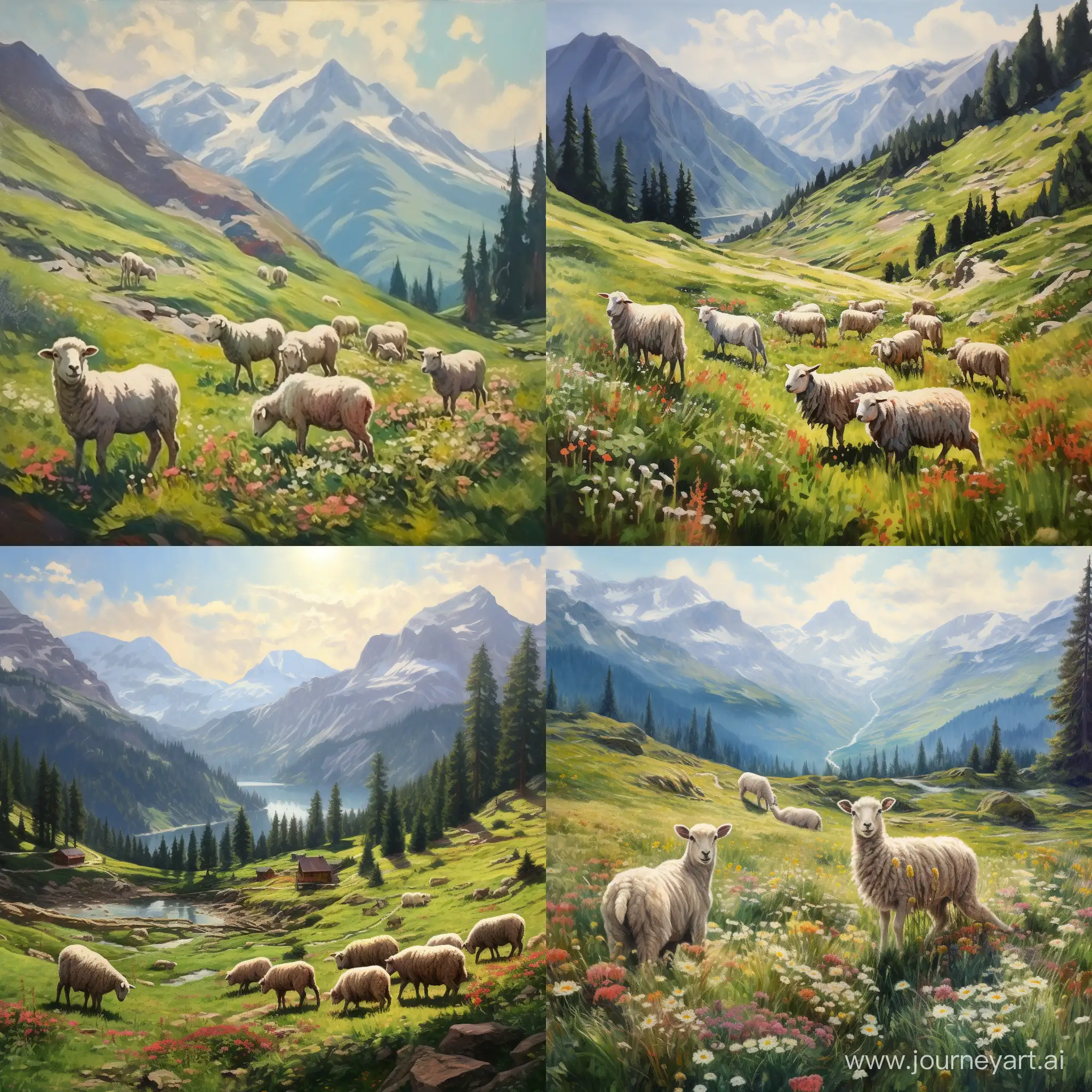 Scenic-Alpine-Meadows-Playful-Lambs-in-Caps-Frolicking