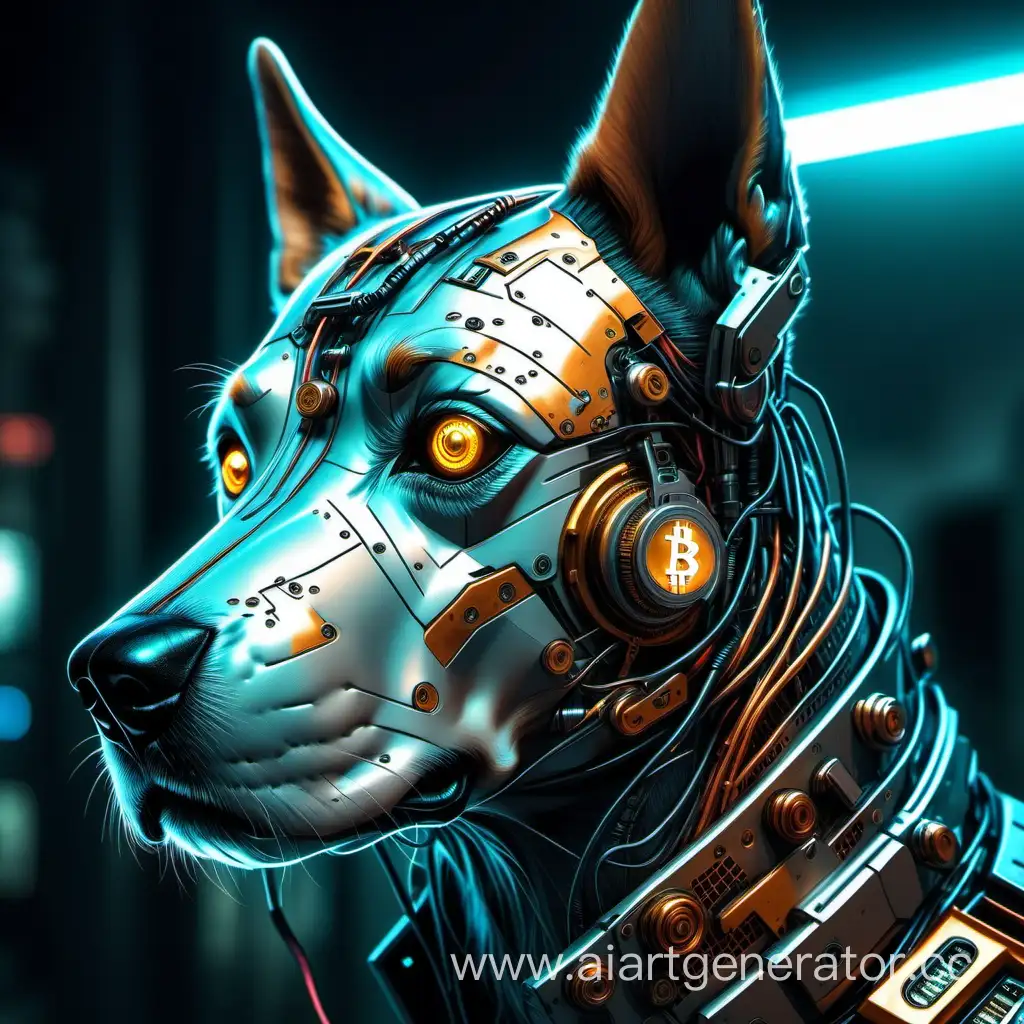 Цифровая собака по кличке биткойн, морда близко,в стиле киберпанк, высокое качество, детализация 