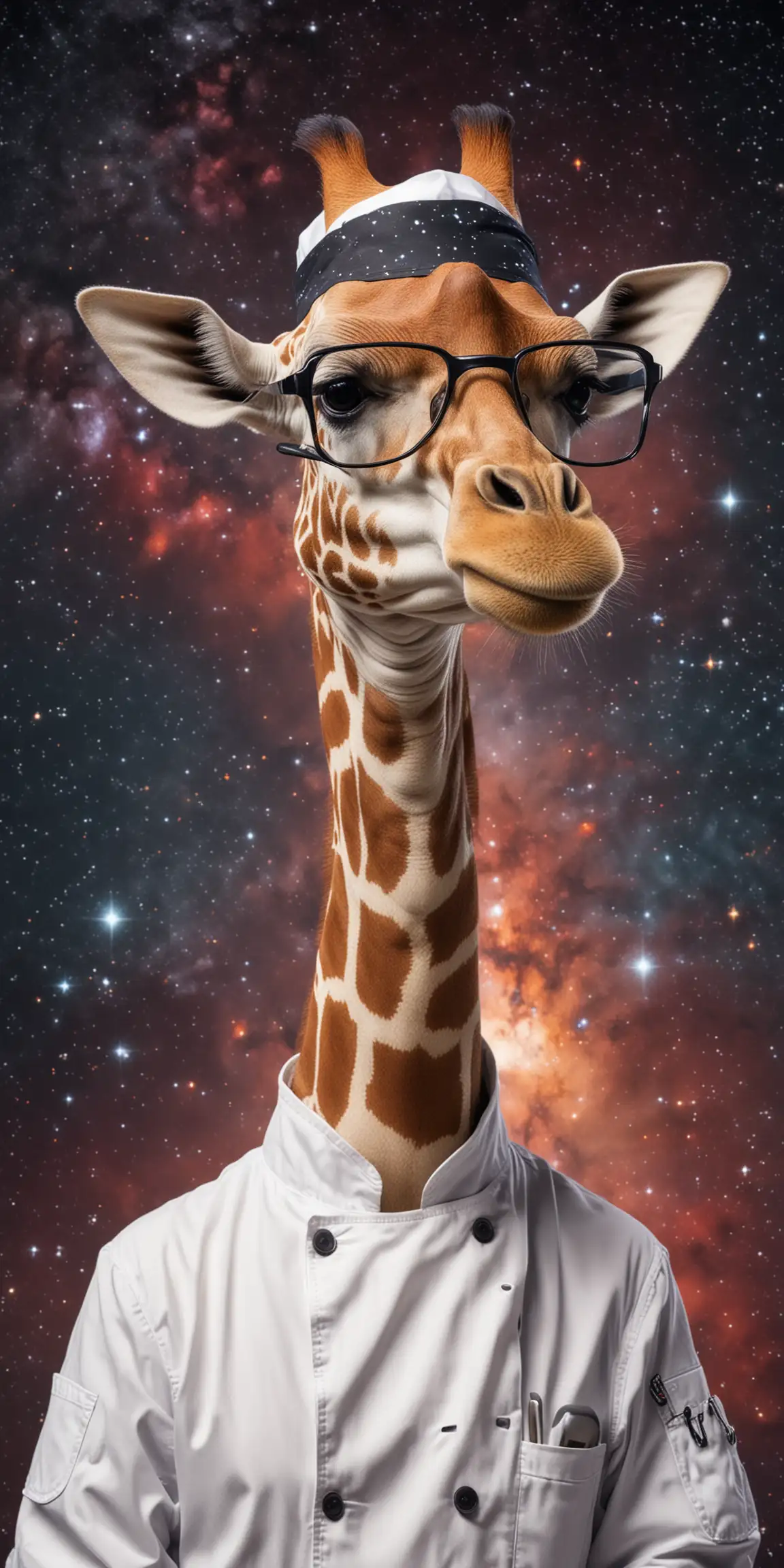 Giraffe with glasses dressed as a chef in the space