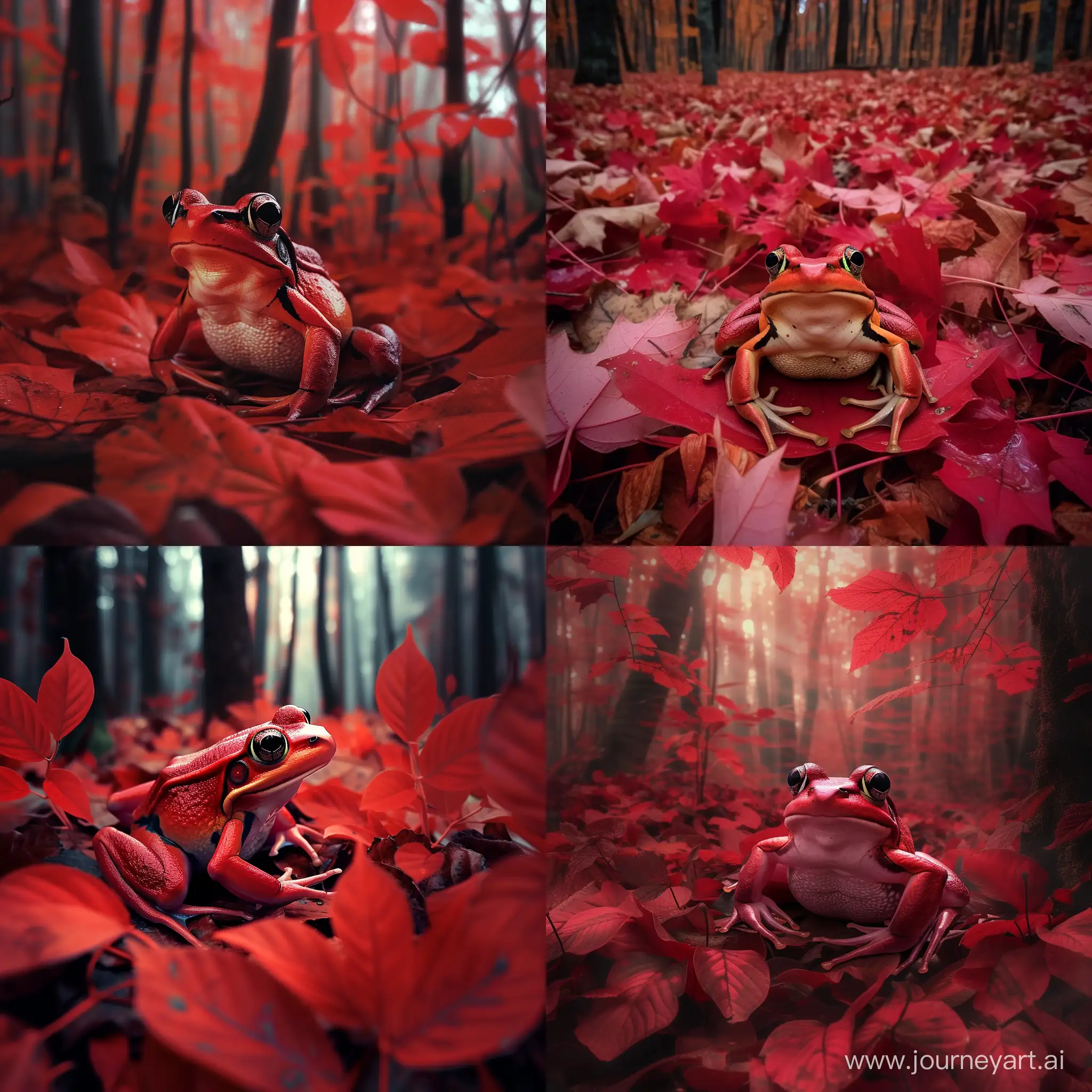 A red frog in a forest full of red leaves