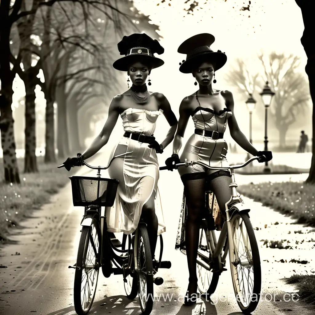 Portrait of two beautiful half-naked African and European woman on expensive old bikes, in silk stockings on belts. In a long luxurious modernist dresses and fashionable hats, like large bicycle wheels on their heads. They looks to the right and down. All this is against the background of the English regular park. The end of the 19th century. Forward beauty light and contour light. Fog. Evening. Everything is in the style of vintage black and white photos.