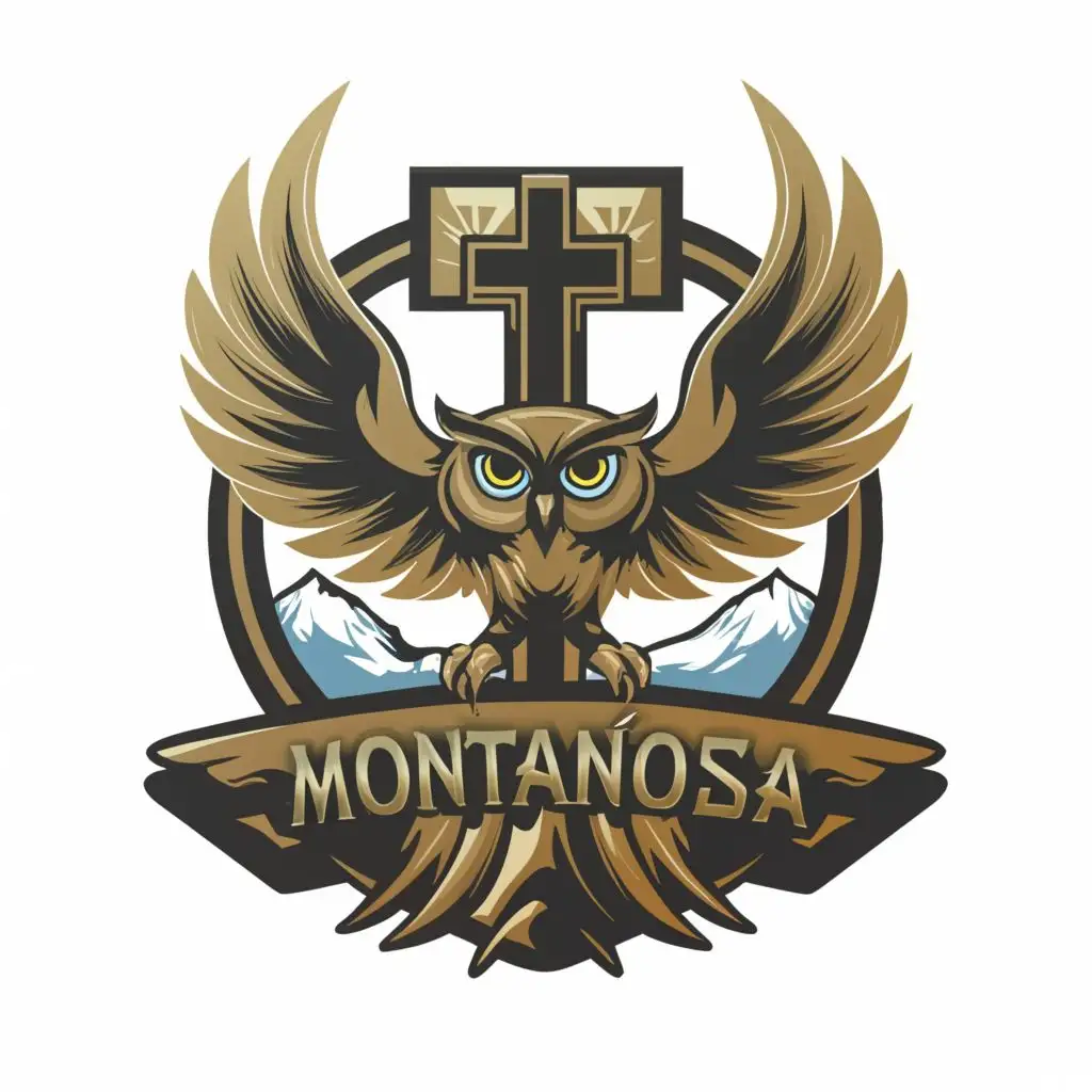 a logo design,with the text "Montañosa", main symbol:Owl, mountains, and a cross,Moderate,be used in Religious industry,clear background