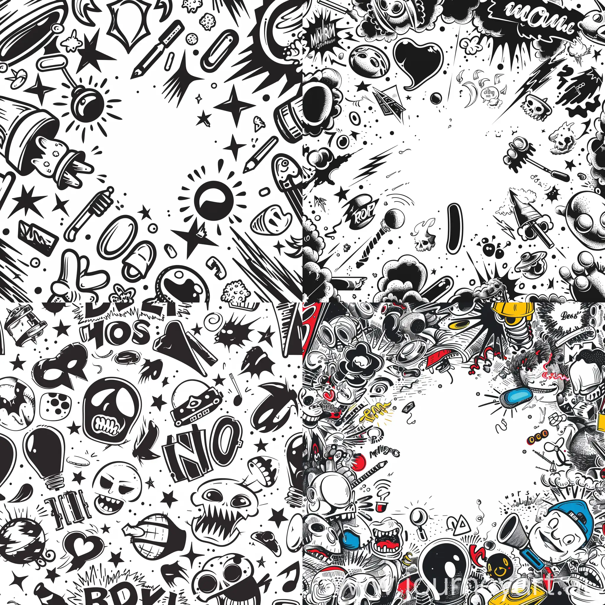a full white background with many pop elements drawn stylized in black and white colour with space between them, ultra-detailed