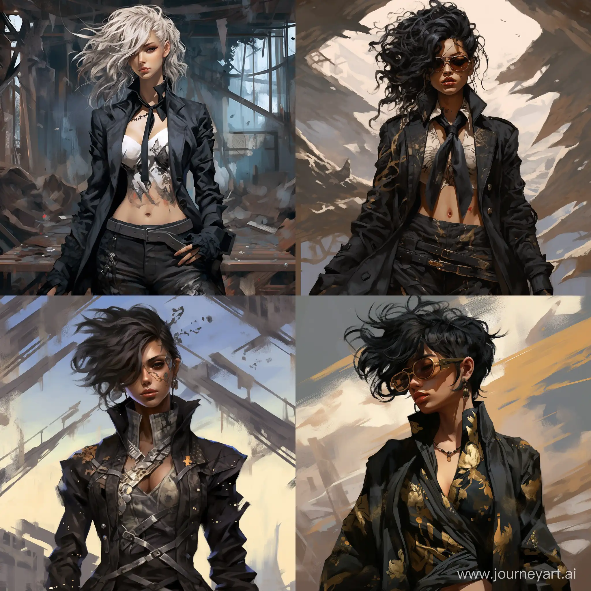 In the awe-inspiring realm of a vogue-worthy shadowy post-apocalyptic world, a charismatic woman emerges, exuding an air of mystery and determination. This visually stunning image, depicted through a skillfully crafted digital painting, portrays a strikingly poised and endowed anime character adorned in tattered, yet impeccably tailored garments. With an artful balance of subtlety and intensity, their piercing sapphire eyes pierce through the darkness, hinting at a formidable strength within. Vibrant streaks of neon paint the desolate backdrop, showcasing the intricate detailing of crumbling skyscrapers and overgrown flora. This exquisite piece masterfully captures the essence of a shattered yet captivating city, where remnants of opulence meet the allure of survival.