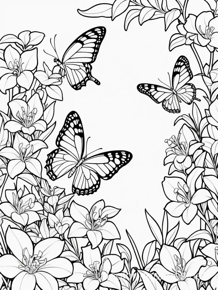 butterfly in the garden full of jasmine flowers, Coloring Page, black and white, line art, white background, Simplicity, Ample White Space. The background of the coloring page is plain white to make it easy for young children to color within the lines. The outlines of all the subjects are easy to distinguish, making it simple for kids to color without too much difficulty