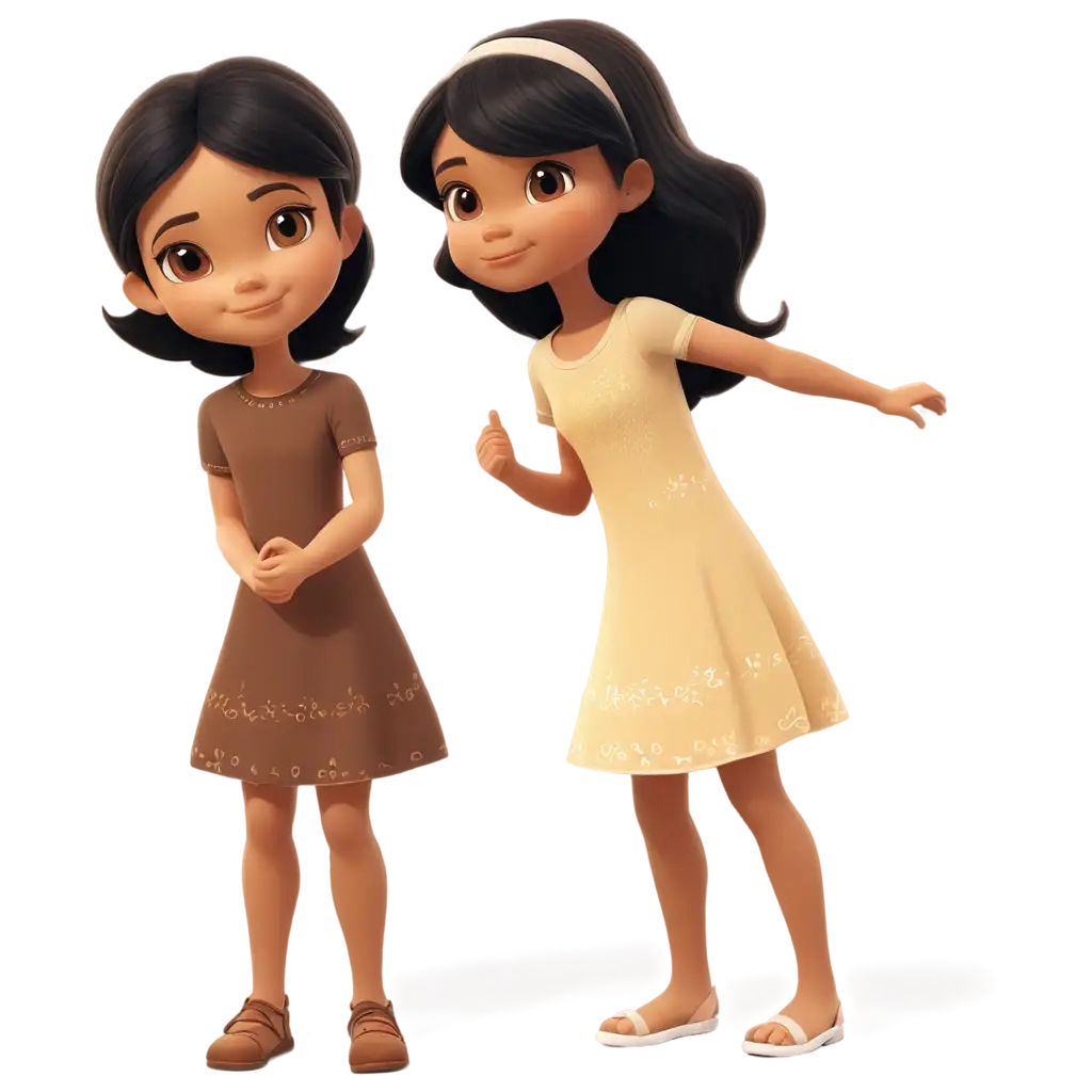 Cartoon for kids book of a beautiful little girl with black hair and light brown eyes, inocent looking, wearing a dress and no shoes, her dress looks like from 70"s
