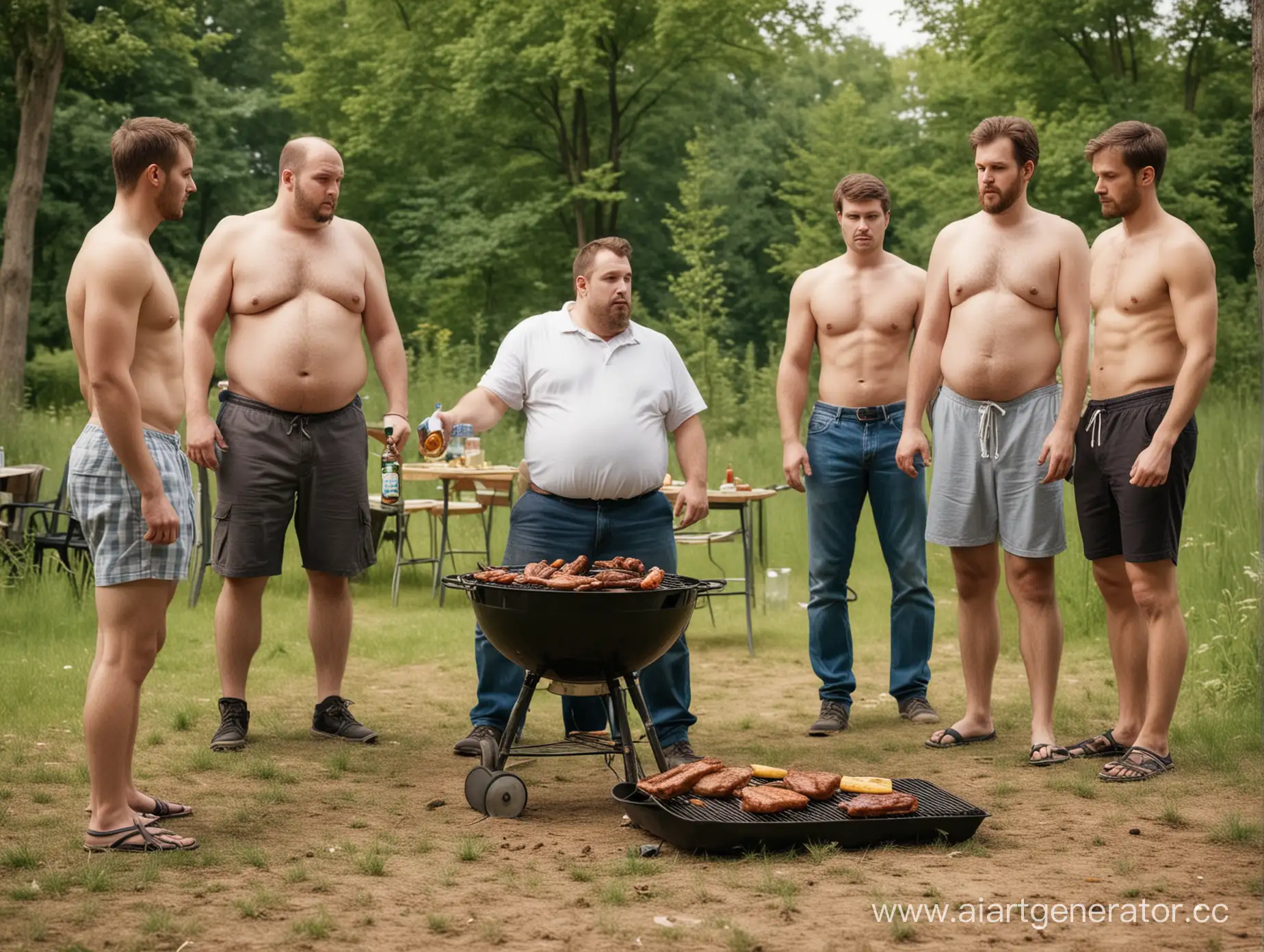 Group-of-People-at-Barbecue-with-Man-Relaxing-Holding-Bottle