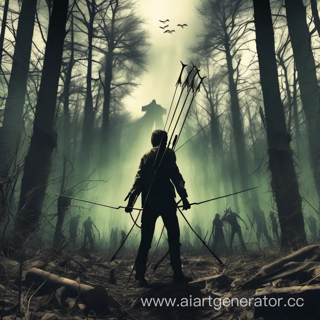 Лес в разгар зомби апокалипсиса посреди которого стоит человек с луком и он повернуть к камере спиной