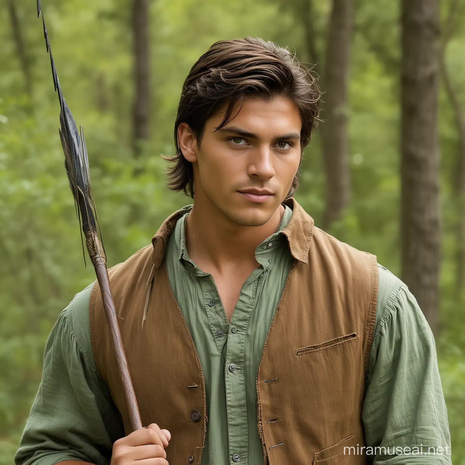 Young man with dark brown hair and green eyes. 25 years old. Forest background. Has a spear and a loose green linen shirt with brown vest from the 1700s, holding a spear. Tanned skin from being outdoors. Native American like. 