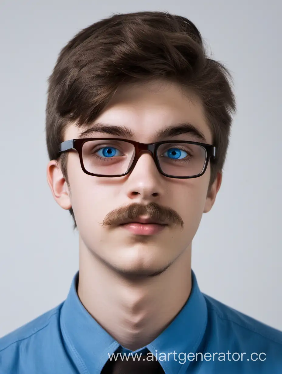 Kyrill subbotsky. Russian. 18 years old. Rectangular Glasses. Brown hair. Blue eyes. Mustache. Small beard hairs.