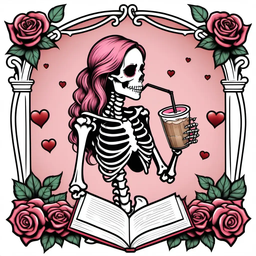 Romantic Skeleton Enjoying Iced Coffee and Romance Book in Valentines Day Coloring Book Style