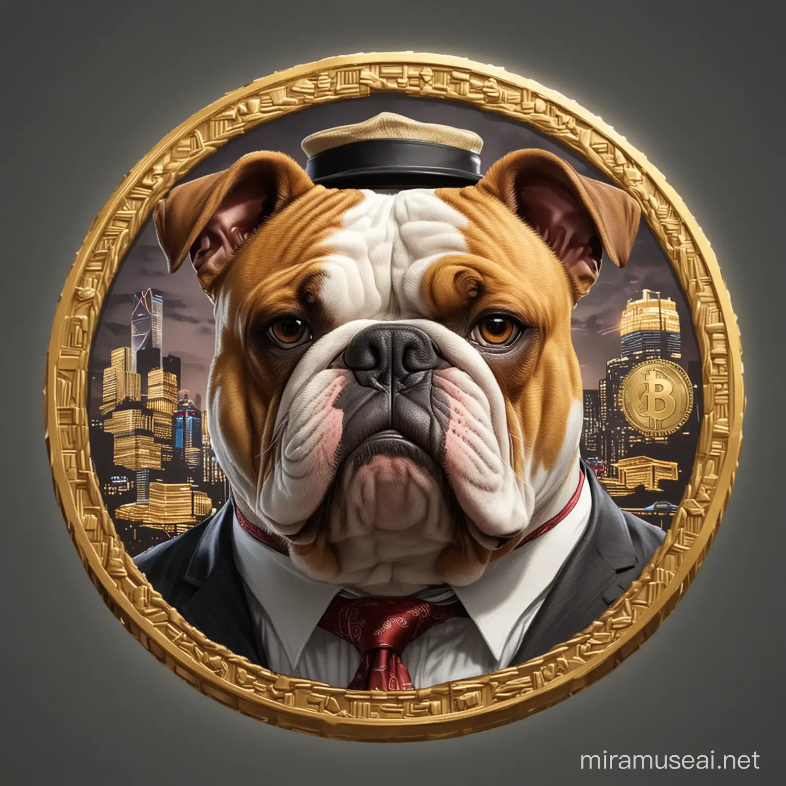 create a detailed coin with the face of an gta style gangster bulldog  , so i can use it as a profile picture for a crypto coin