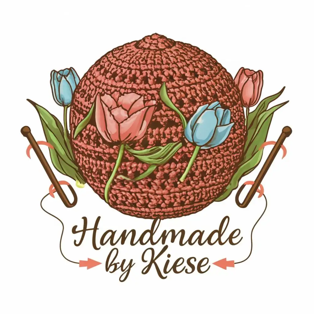 logo, crochet ball with tulips, with the text "Handmade by Kiese", no typography, be used in the Entertainment industry. Include knitting hooks. Use pastel colors.