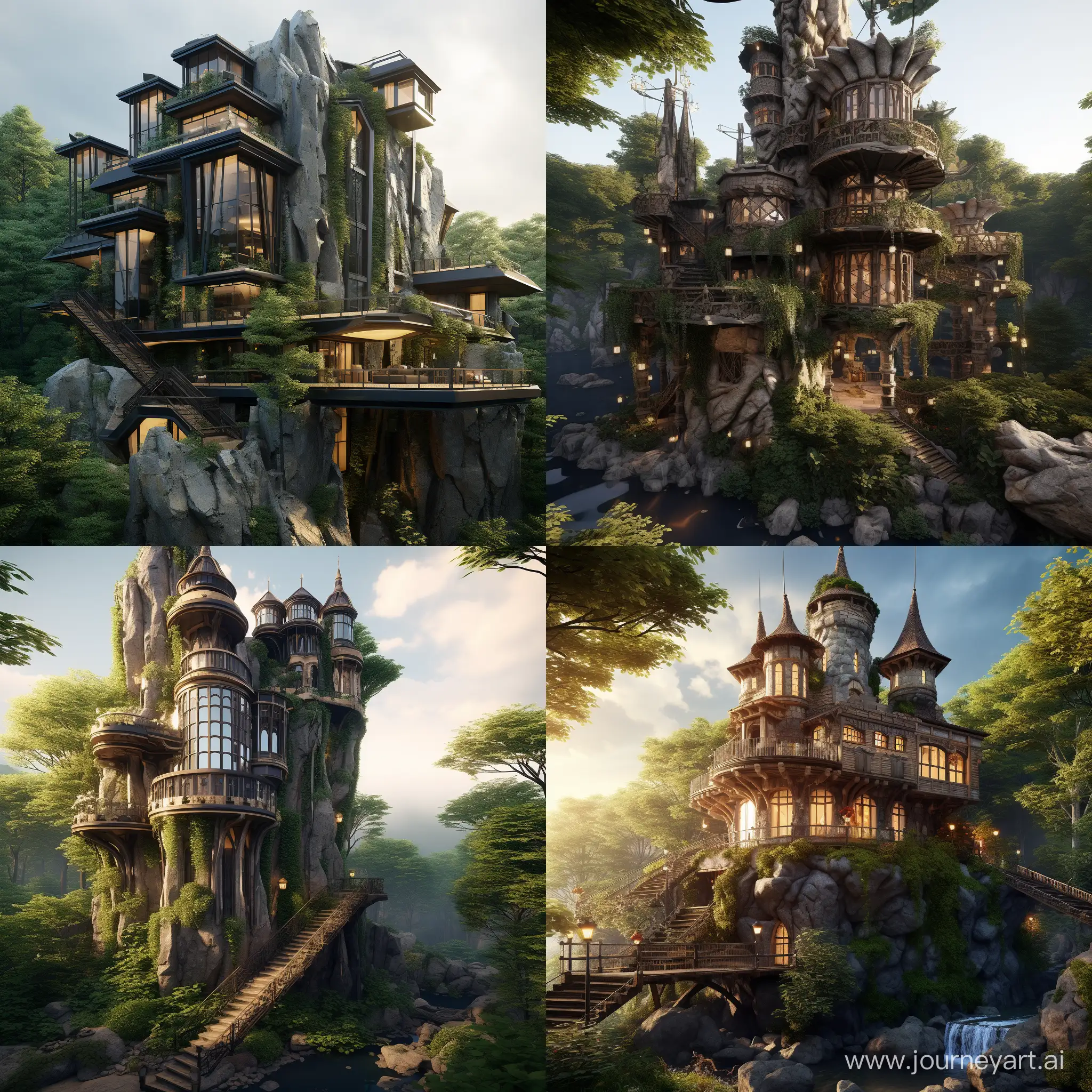 orman içinde kayalıklar üzerinde köşesinde 8 köşeli kulesi olan 2 katlı sundurmalı villa