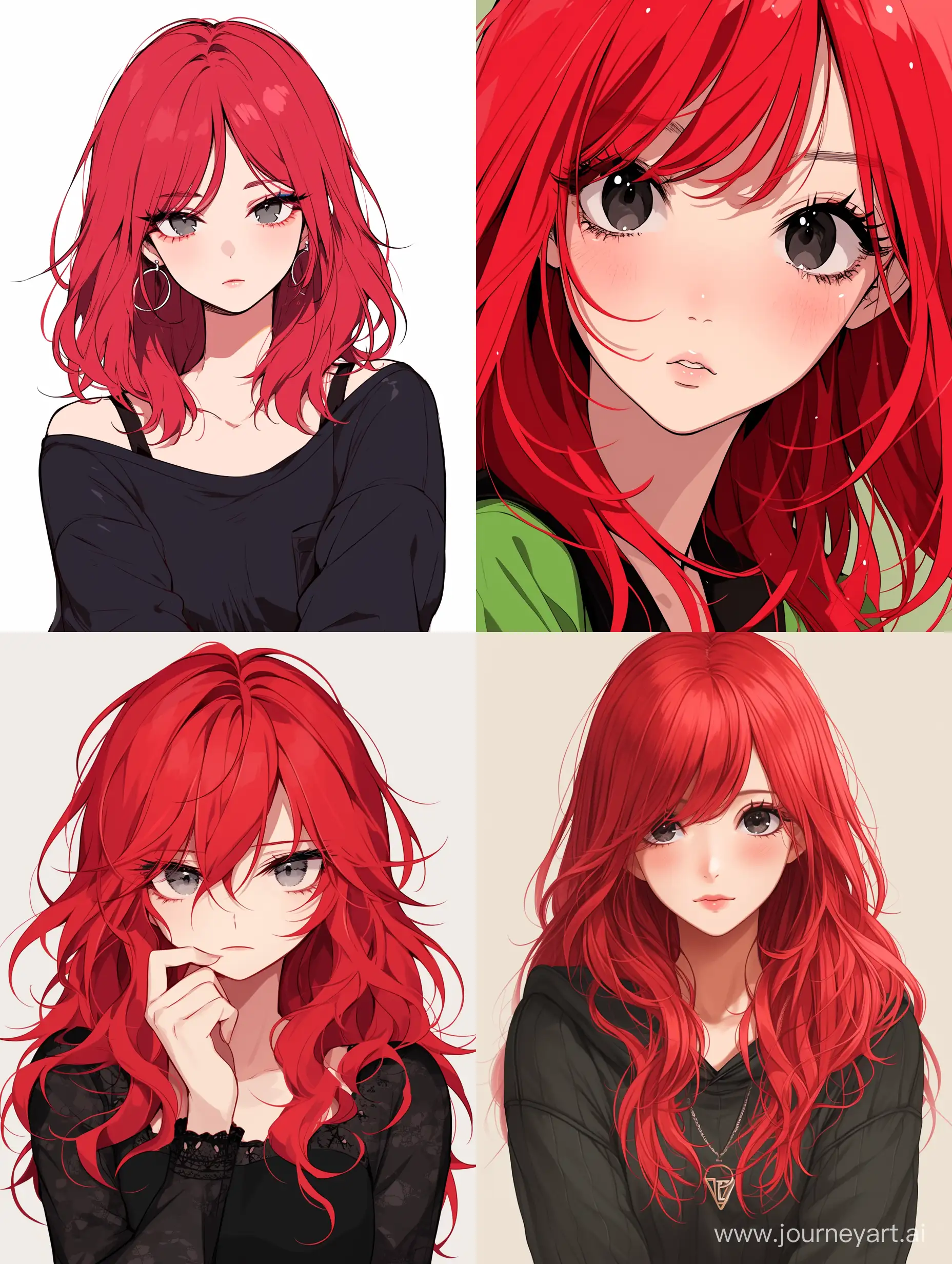 Anime style, girl with red hair and black eyes, --ar 3:4 --stylize 250 --niji 6
