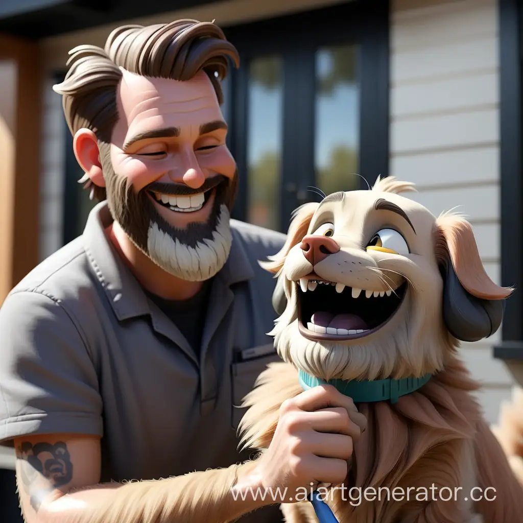 Cheerful-Man-Grooming-Dog-Named-Grumer-Alongside-Cat