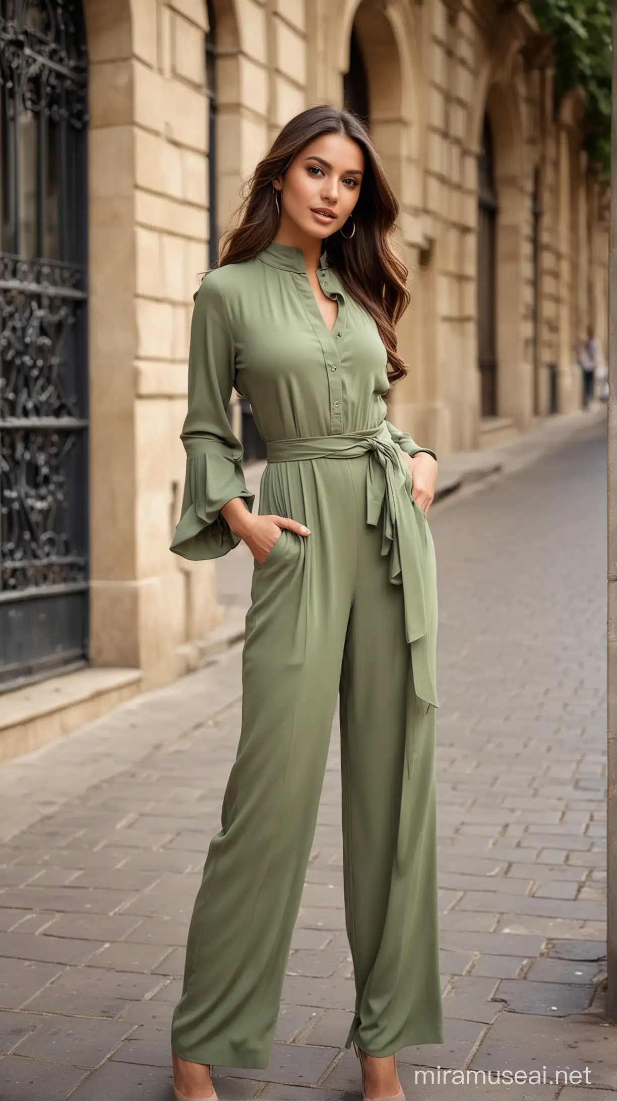 Chic Latina Model in Modest HighNeck Jumpsuit Parisian Outdoor Fashion Photoshoot