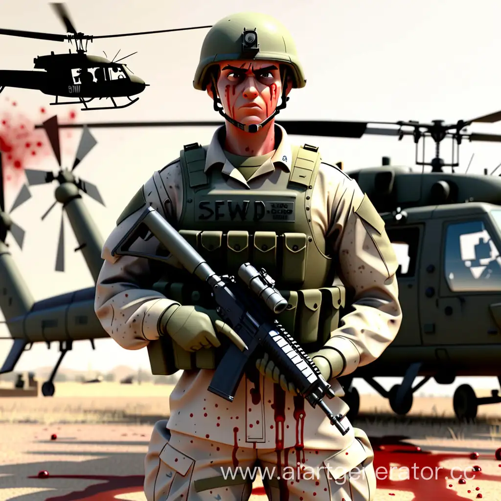 Стоит солдат держит оружие на котором кровью написанно sewd shots на заднем плане вертолёты и танки 