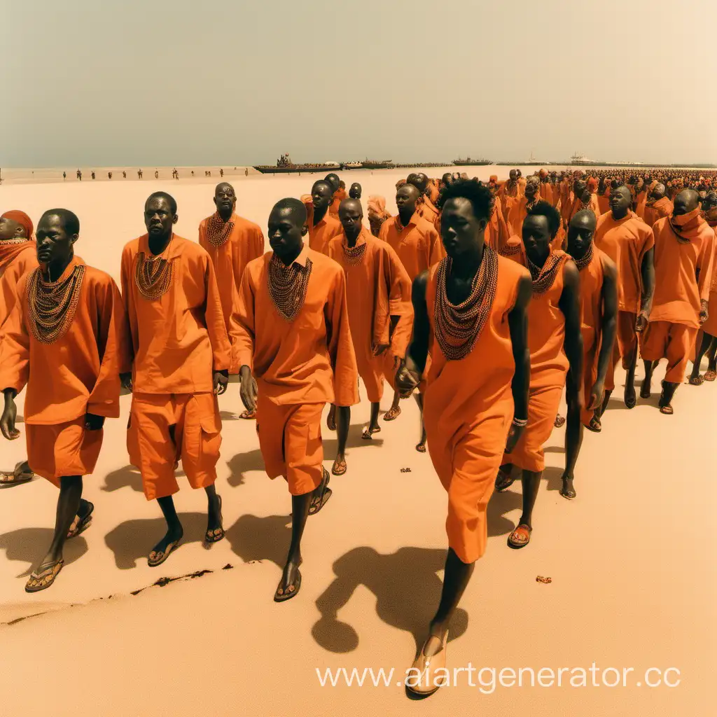 African-Ships-Parade-Orangeclad-Figures-on-Sand-Waves