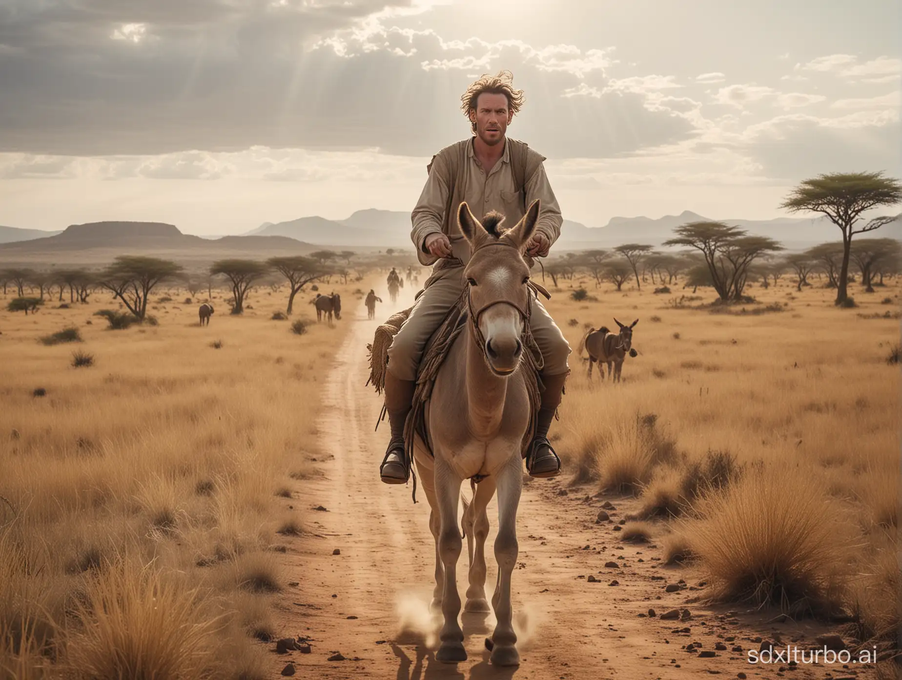 Cinematic image of a white man riding his donkey through the African plains. Both the donkey and man are facing the camera