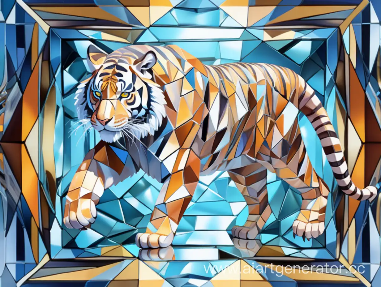 digital tiger, on the hunt, in motion, design in digital style cubism transparent transparent mirror, many colors, light and shine, top view