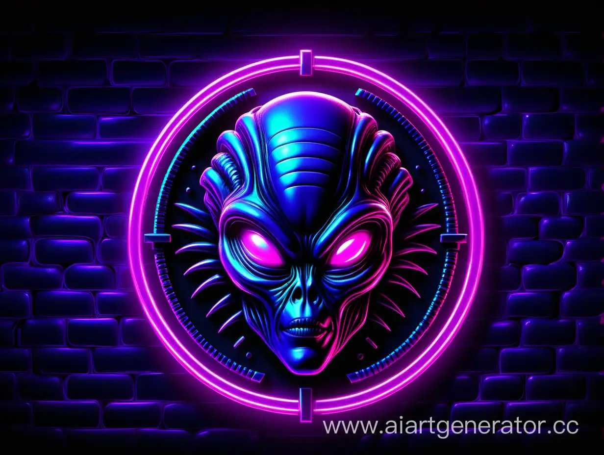 инопланетный логотип неоновое фон с фиалетовыми,синими цветами, розовыми cyberpunk,