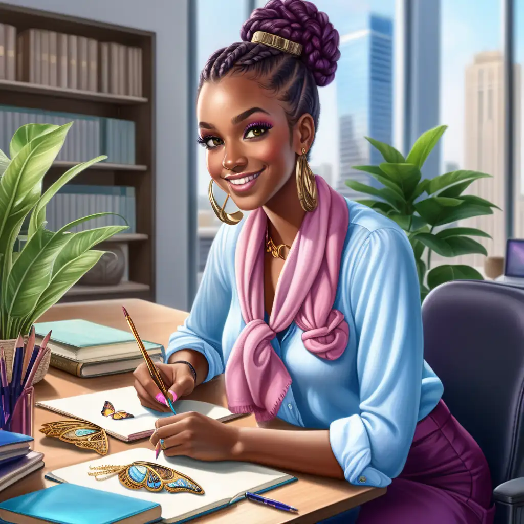 envision a beautiful dark skinned black woman, burgundy braided bun updo hairstyle, in a silver button down blouse, pink shirt underneath, with a blue skirt. A gold butterfly and light blue scarf around her neck, long butterfly necklaces, smiling, full makeup, lashes, short purple nails. SHE is drawing an oil painting, a office building. Her background has living room decor with a bookcase, tall plants in the background 