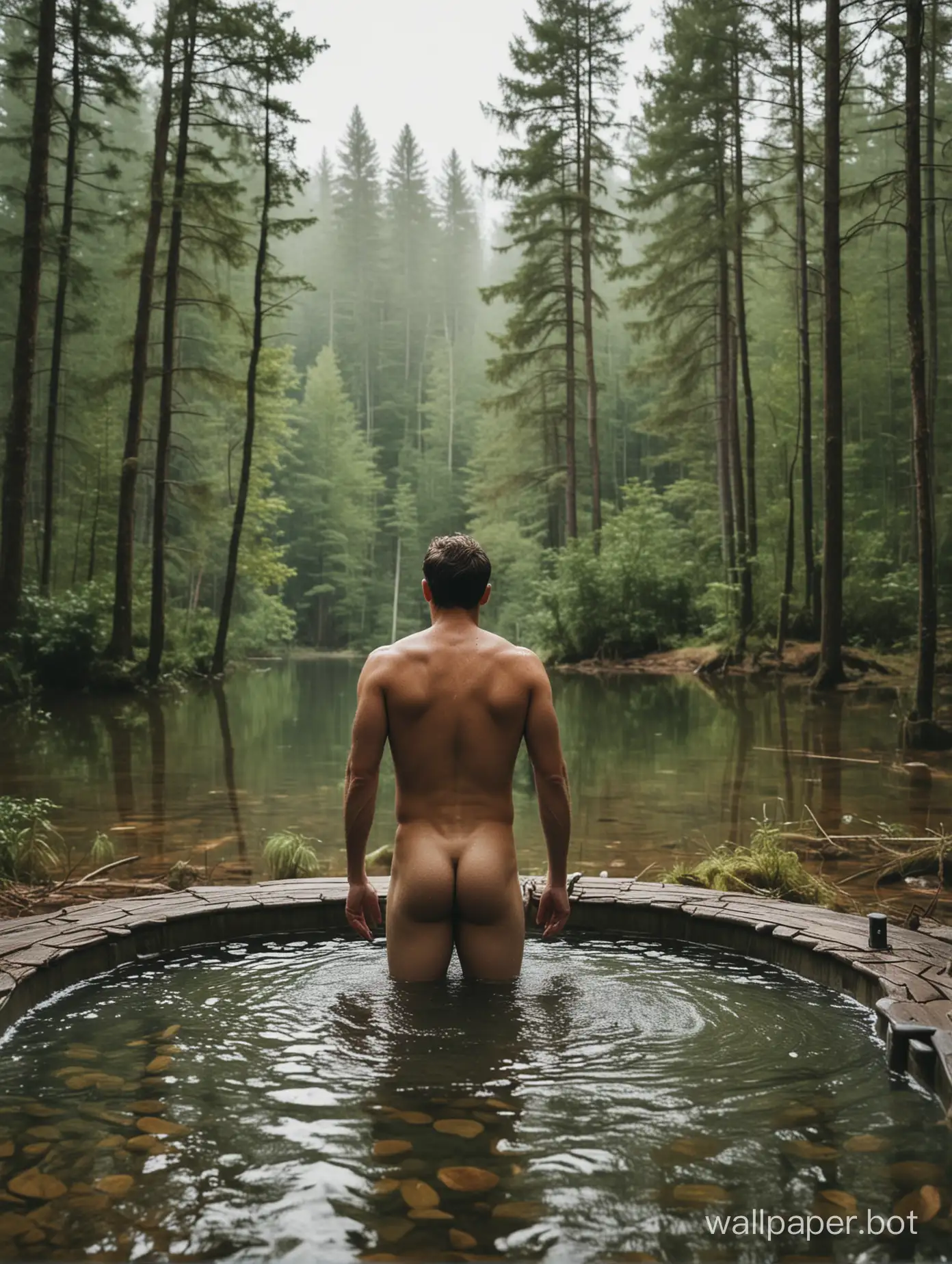 Man standing in a bathtube full of water, nude, facing of a forest landscape