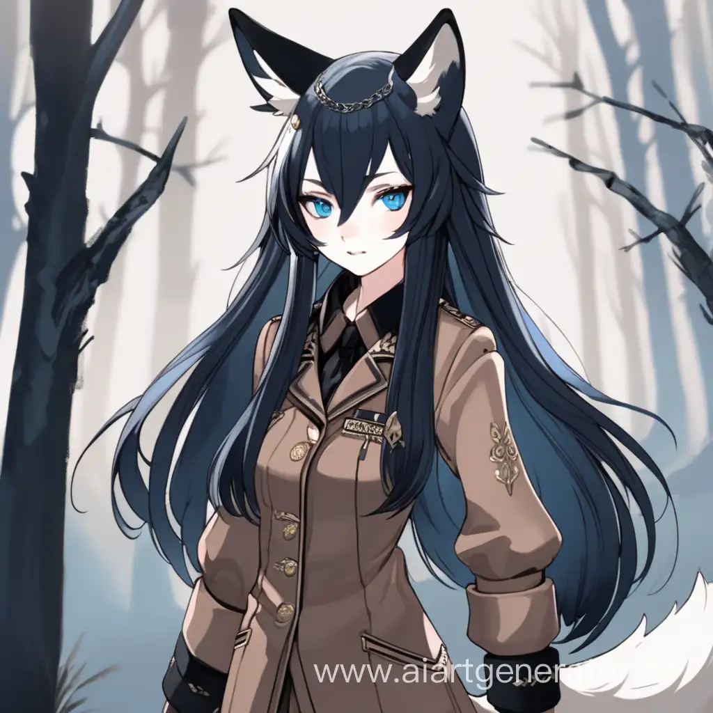 fox girl in a hunting suit with black and long hair, blue eyes