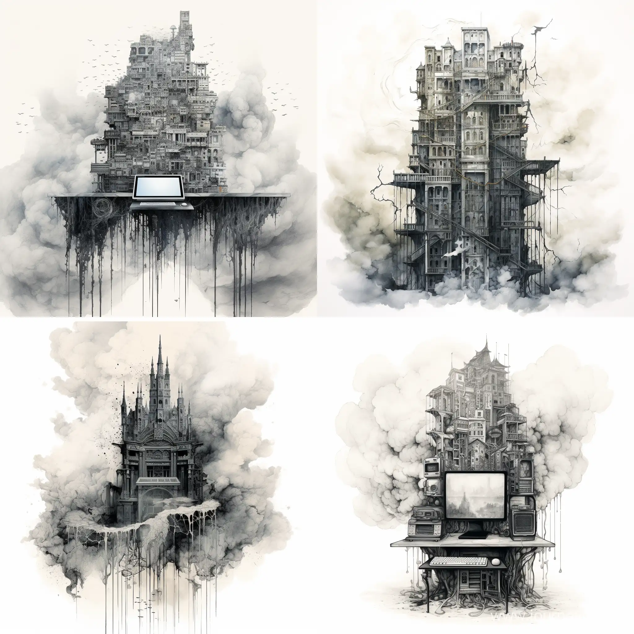 Full-Tower-Computer-Cover-with-Stylish-Black-and-White-Watercolor-Stains