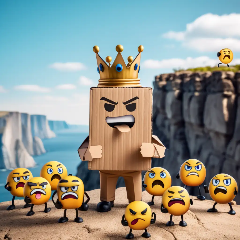angry emoji cardboard king, standing on a cliff, giving a speech in front of his little cardboard horde, down the cliff, ready to conquer the world