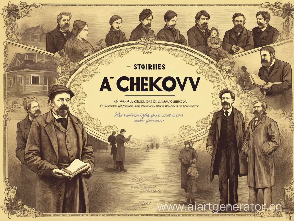 Сделать обложку книги "Рассказы А.П.Чехова". Надписи на русском, а также изображения героев рассказов Чехова.