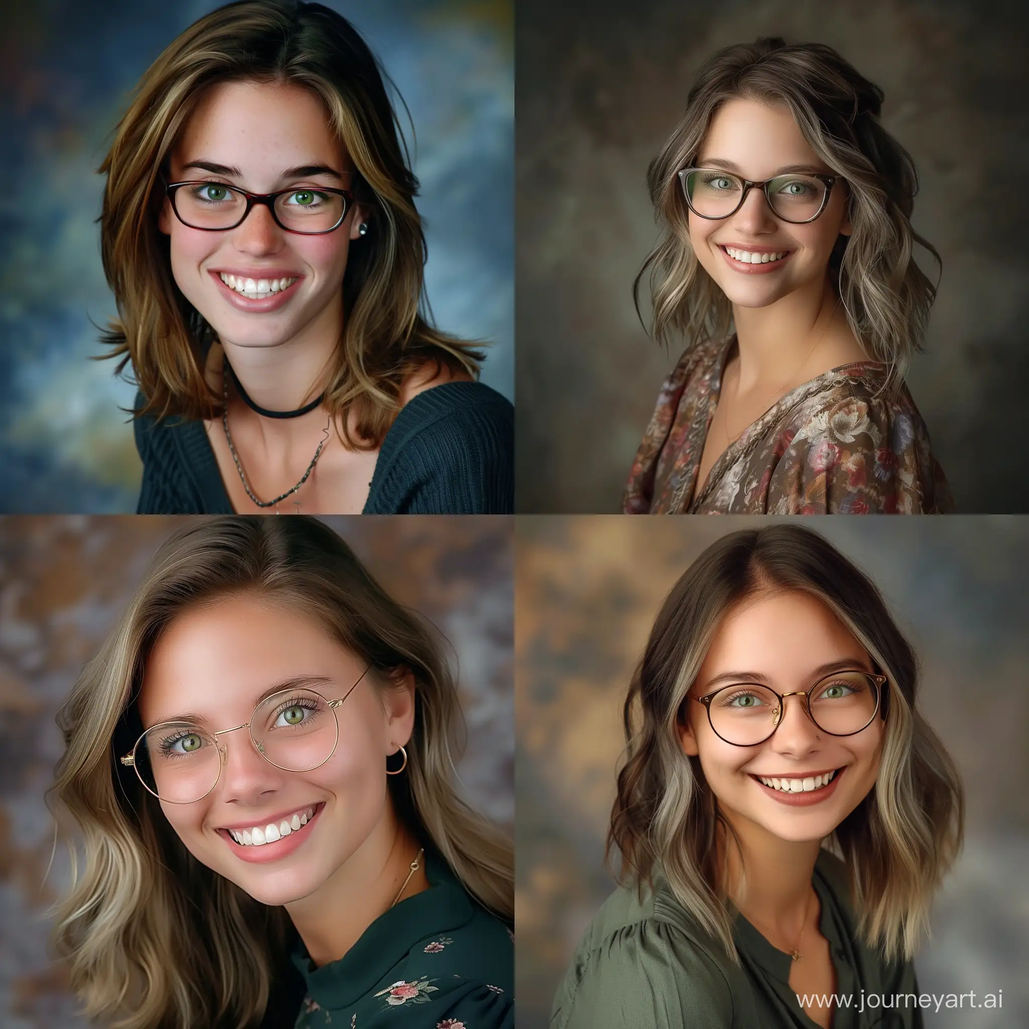 a professional portrait of a young woman with dark blond haire smiling with glasses green eyes looking like angelina joly