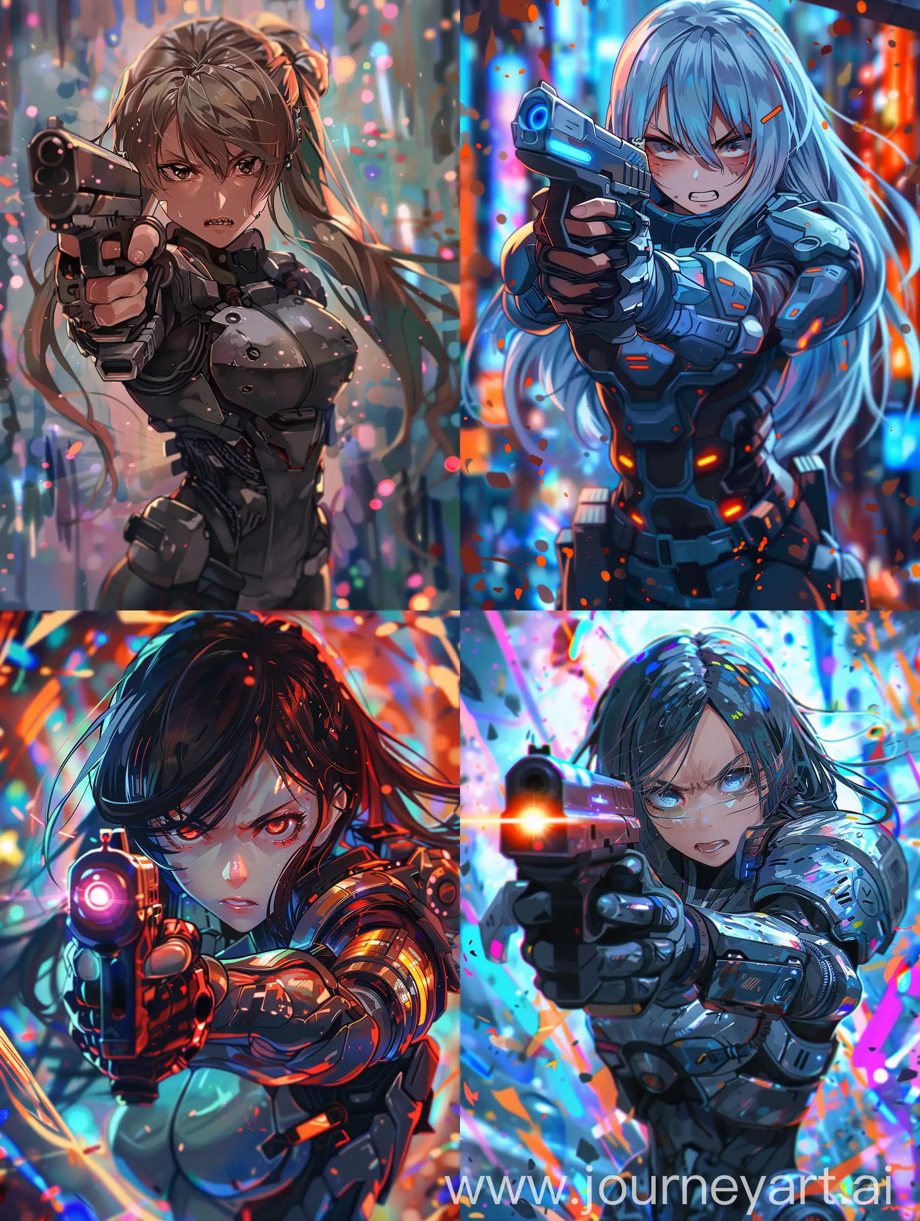 anime girl with future armor angry, she holding a gun, with abstract background