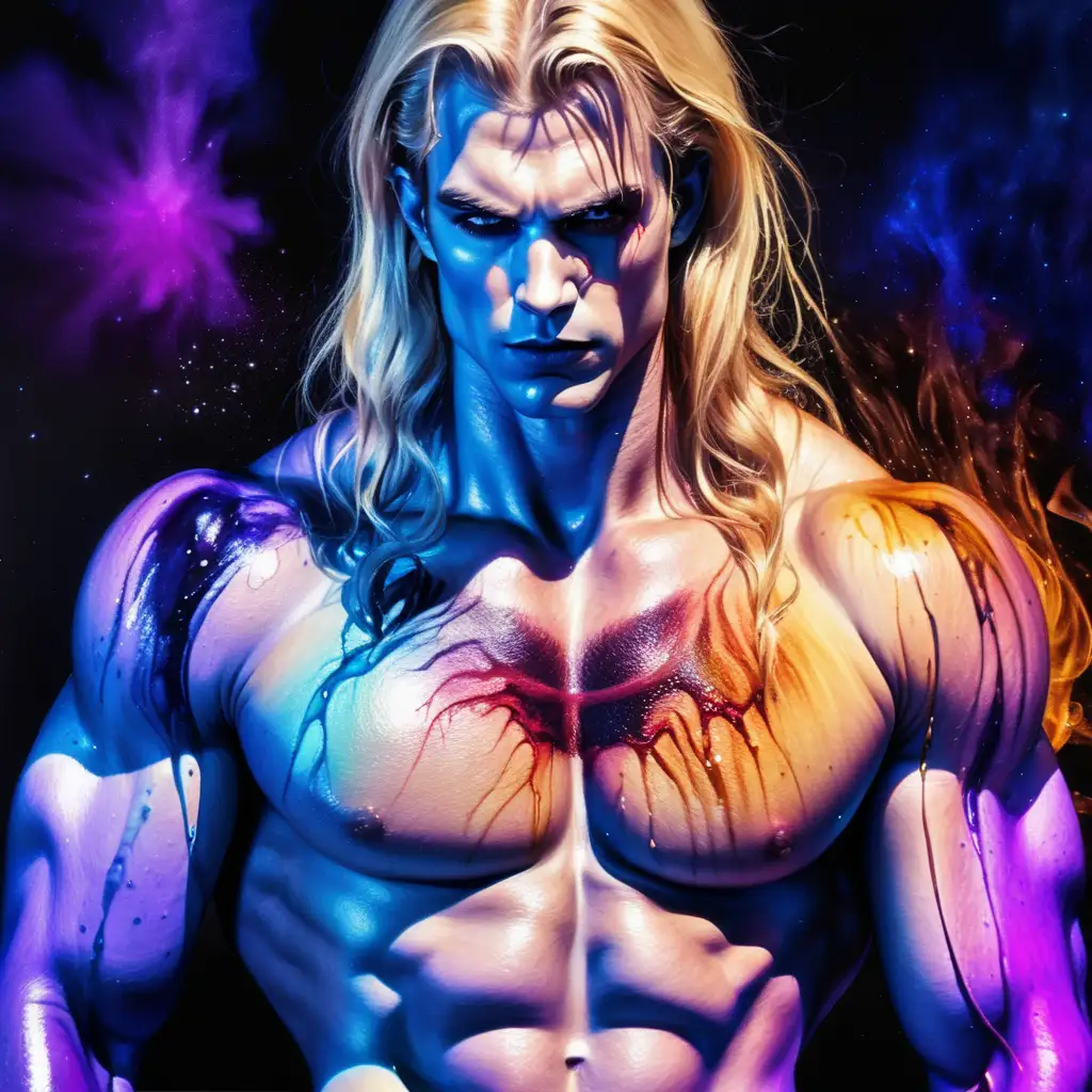 vampire with sizzling skin. vampire in pain. trapped inside a water well. stefan salvatore. tvd. thick blonde gold hair. neon chrome iridescent blue. thick purple. gold. luxury. very intricately and microscopically detailed. very broad shoulders. very muscular shoulders. very muscular. iridescent nebula. torn and burned shirt with holes in it. showcasing his muscular body shape. wet attire. acidic. water color styled. painted on canvas