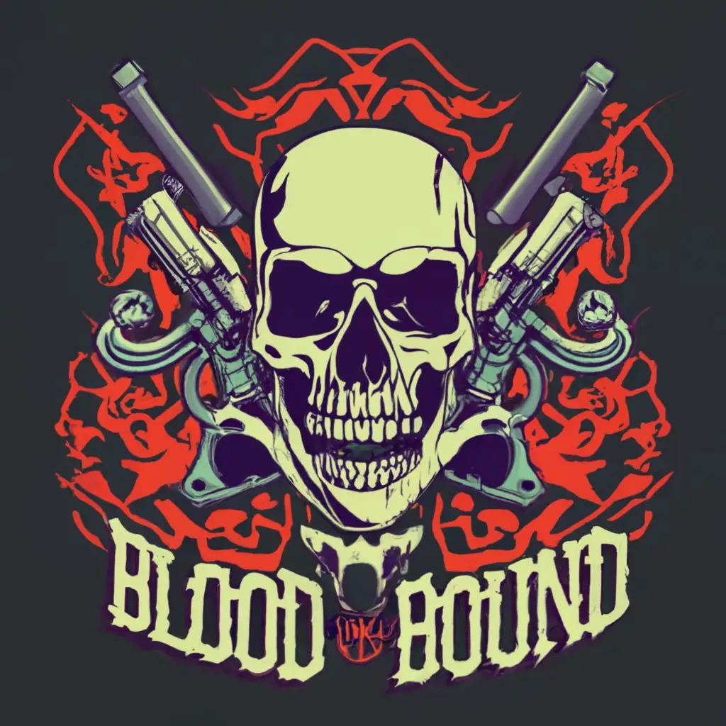 logo, Skulls and guns, with the text "BLOOD BOUND", typography