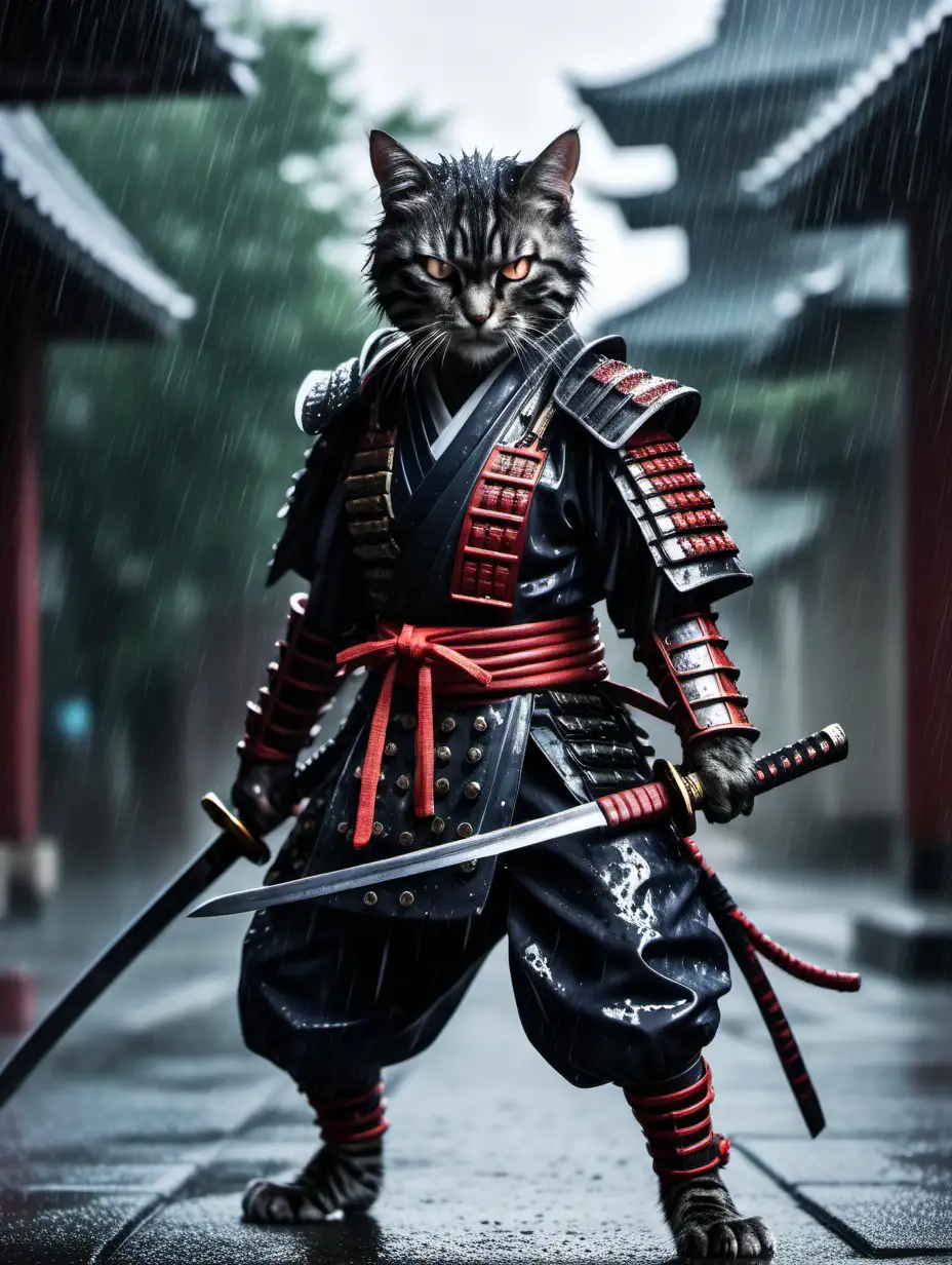 Dark and gritty humanoid cat samurai, in the rain, eyes flashing, katana held high ready to strike, action stance