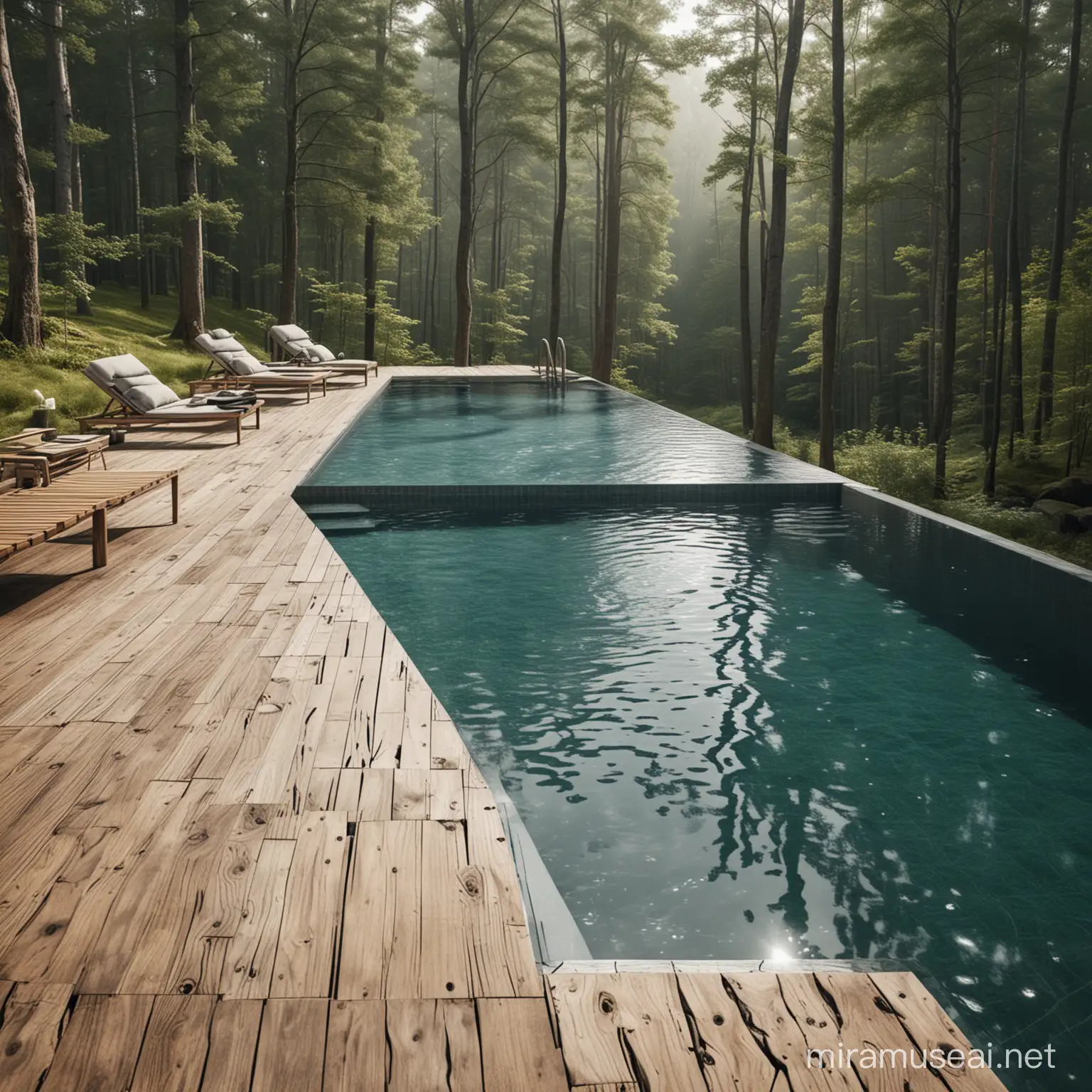 rimless swimming pool in a scandinavian forest on the side of a hill. with a wooden deck near a spa. Hyper realism 