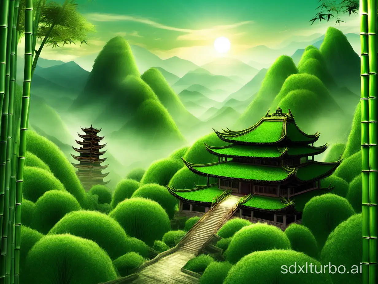 The bamboo forest temple is verdant, the distant bell tolls in the evening. With a lotus leaf hat, under the slanting sun, the green mountains return alone in the distance.