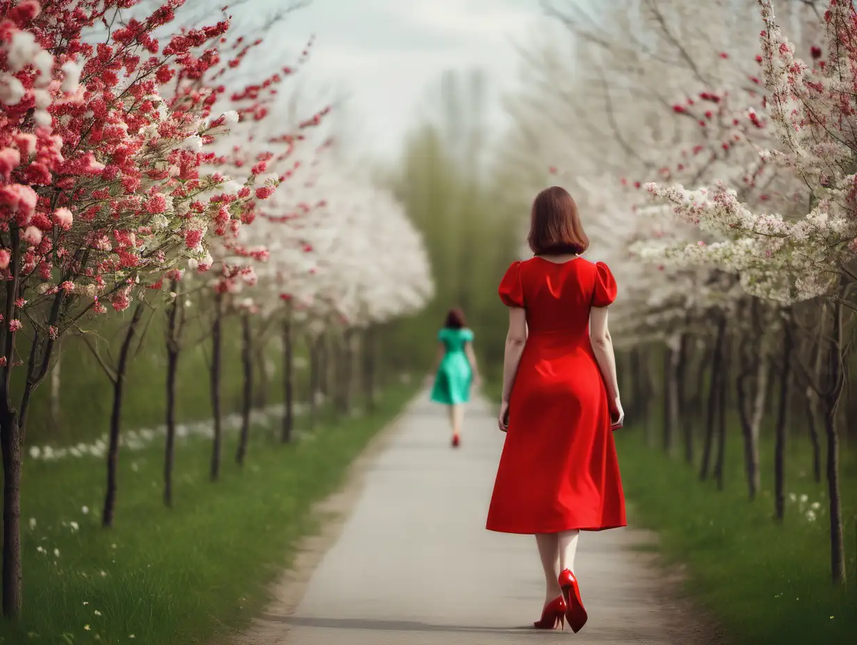Springtime Stroll Woman Adorned in Red Dress Amid Blossoming Trees