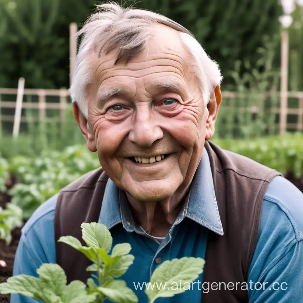 Фото дедушки с коричневыми волосами и сединой. Глаза зеленовато-голубые. Узкое лицо. Сажает картошку в огороде. Улыбается. 