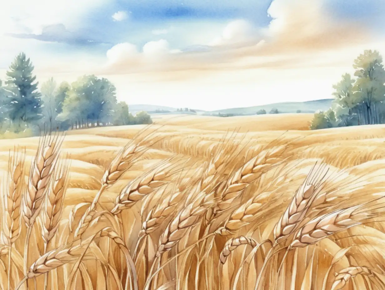 akvarel styl, pšeničné pole, kde roste obilí, jsou vidět pšeničné klasy, v pozadí je les a obloha,