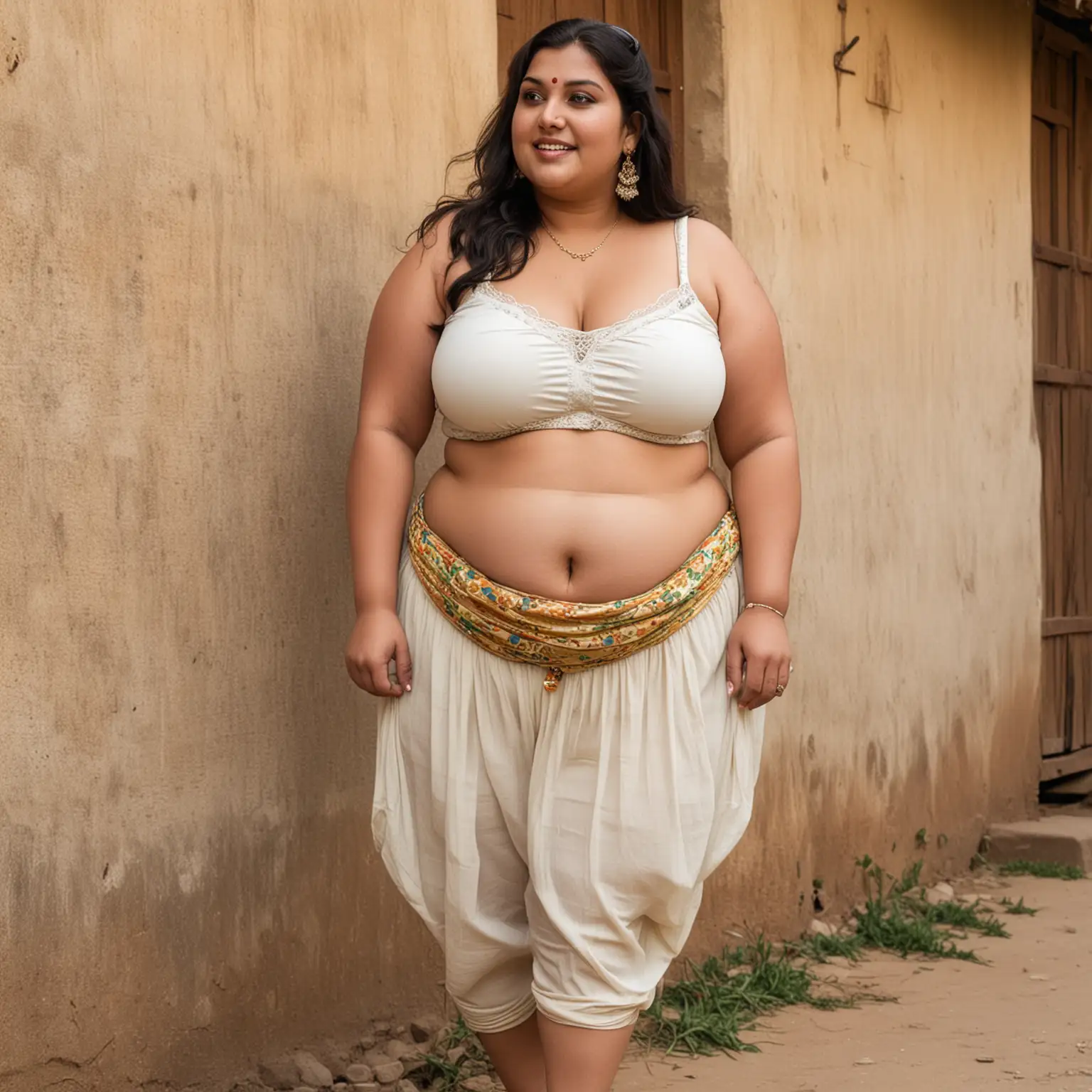  A Sexy BBW woman, wearing an old Indian undergarment, a chubby waist, in a village 