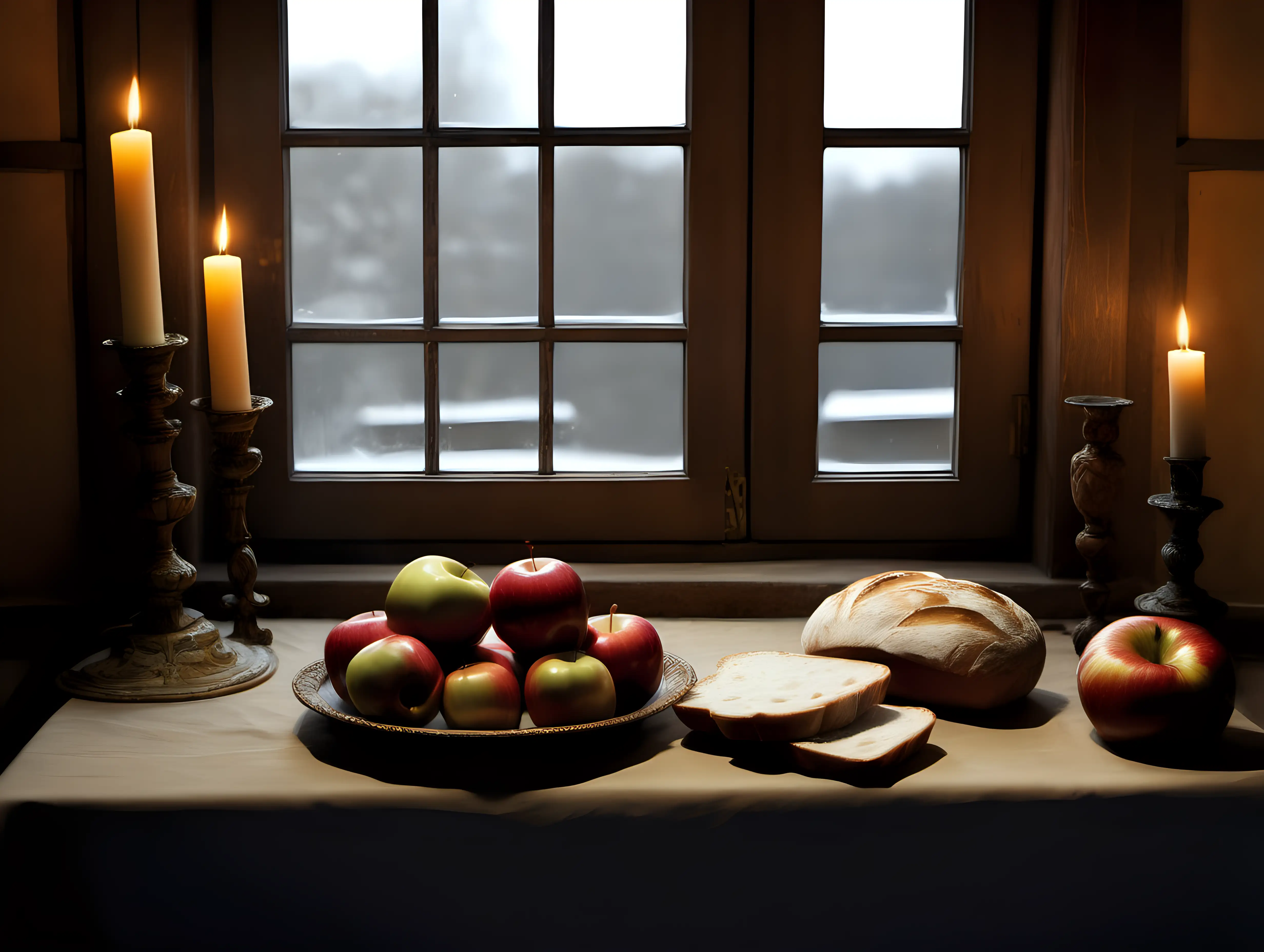 Style of XVII century, still life. table by a window, bread, candle, apple.