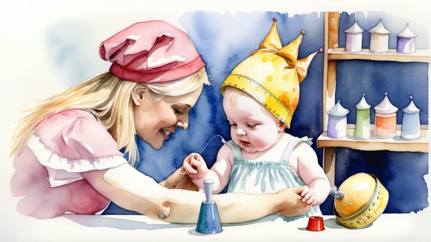 A watercolour painting. a pixie hat maker measuring a blond baby’s head with a tape measure. In a fairy hat shop








