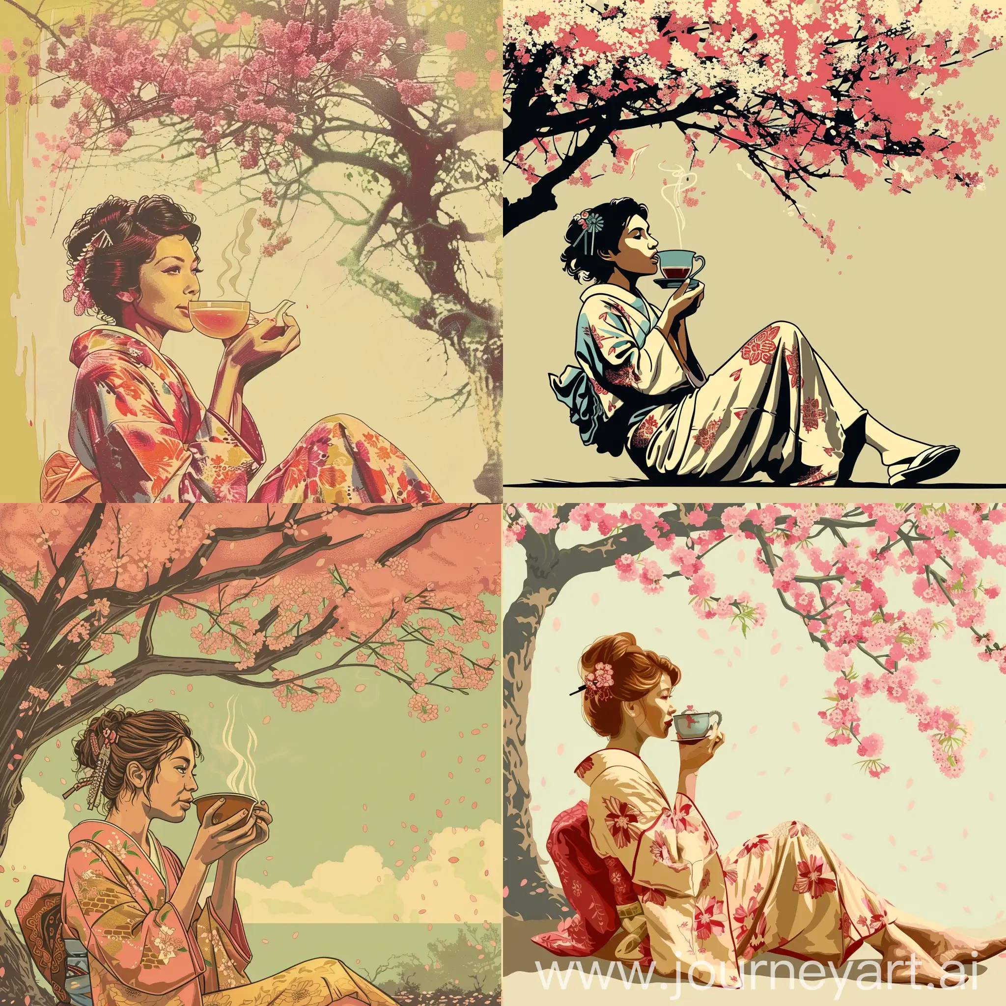 An Japanese women in kimono drinking tea while sitting under a sakura tree in style of retro 70's or 80's pulp fiction art 